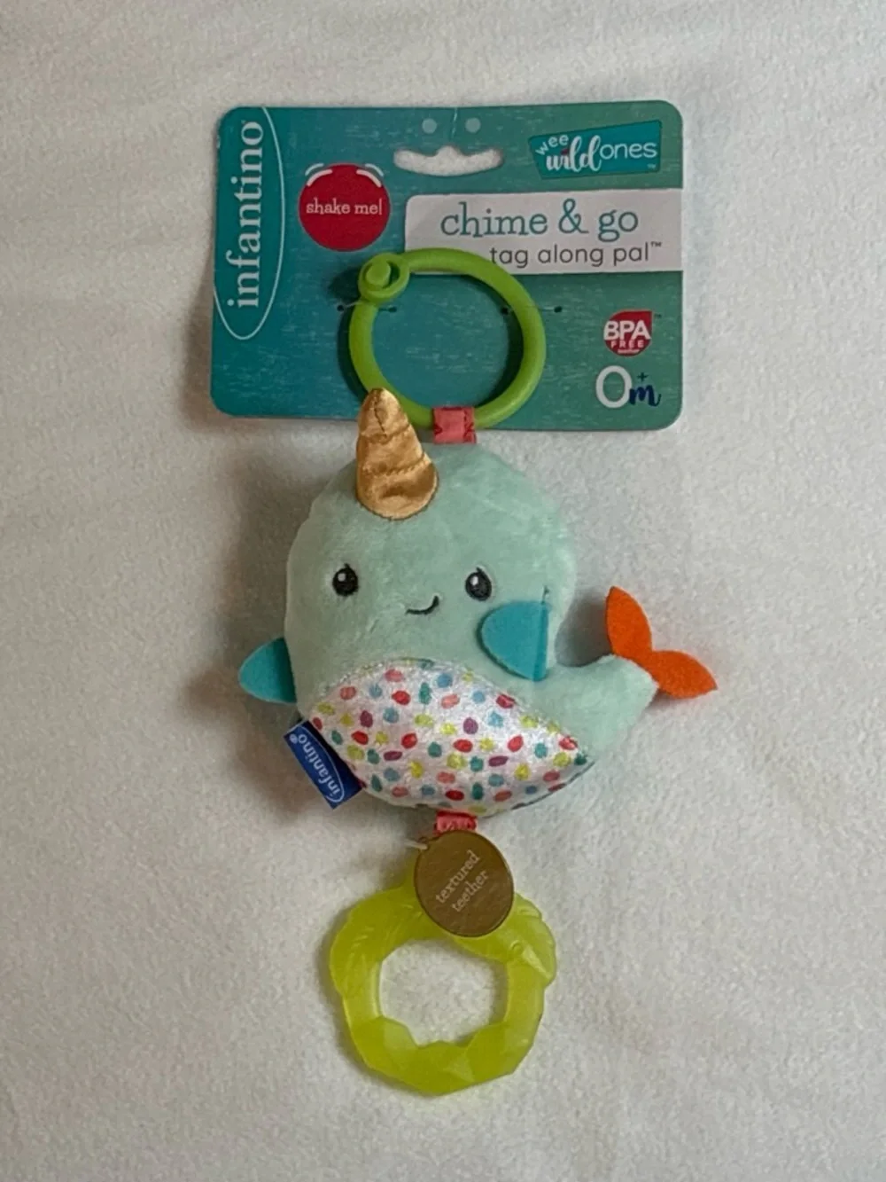 Infantino Chime & Go Narwhal Tag Along Pal - Aqua, Orange, Gold